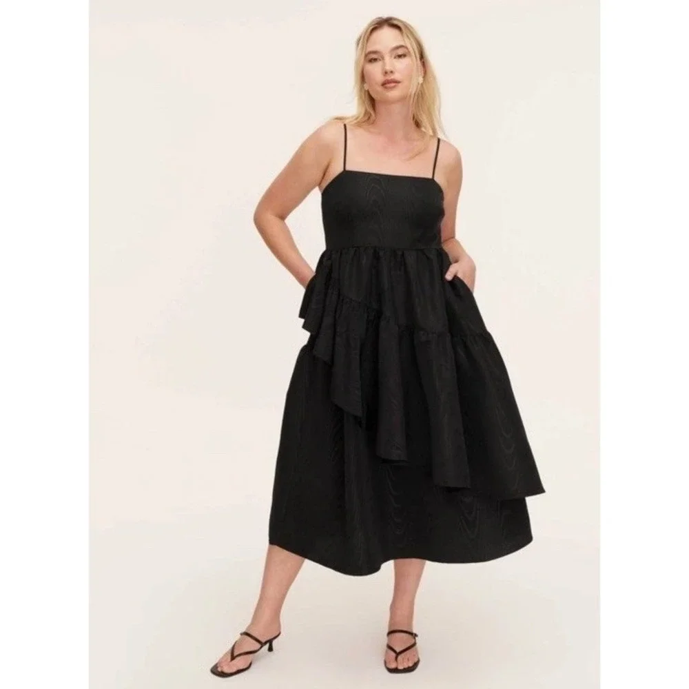 Black Spaghetti Strap Tiered Midi Dress